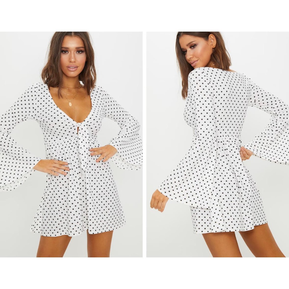 Pretty Little Thing White Polka Dot Fluted Sleeve Tie Tea Dress Size 2